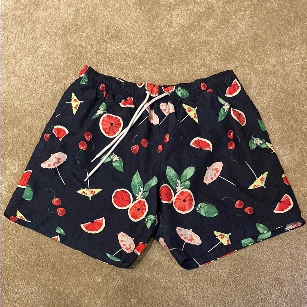 H&M Swim Dark blue/Red/Green Cherries Oranges Leaves Cocktail Umbrella Shorts L